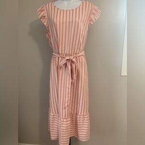 BloomChic Pink Striped Tie-Waist Midi Dress